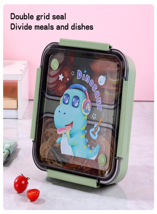 aDai Double Grid Compact Design Stainless Steel Lunch Box, Cartoon Design Leak Proof Tiffin for School Kids | Sealed with Silicon Ring with Safety Lock (Green) - Image 2